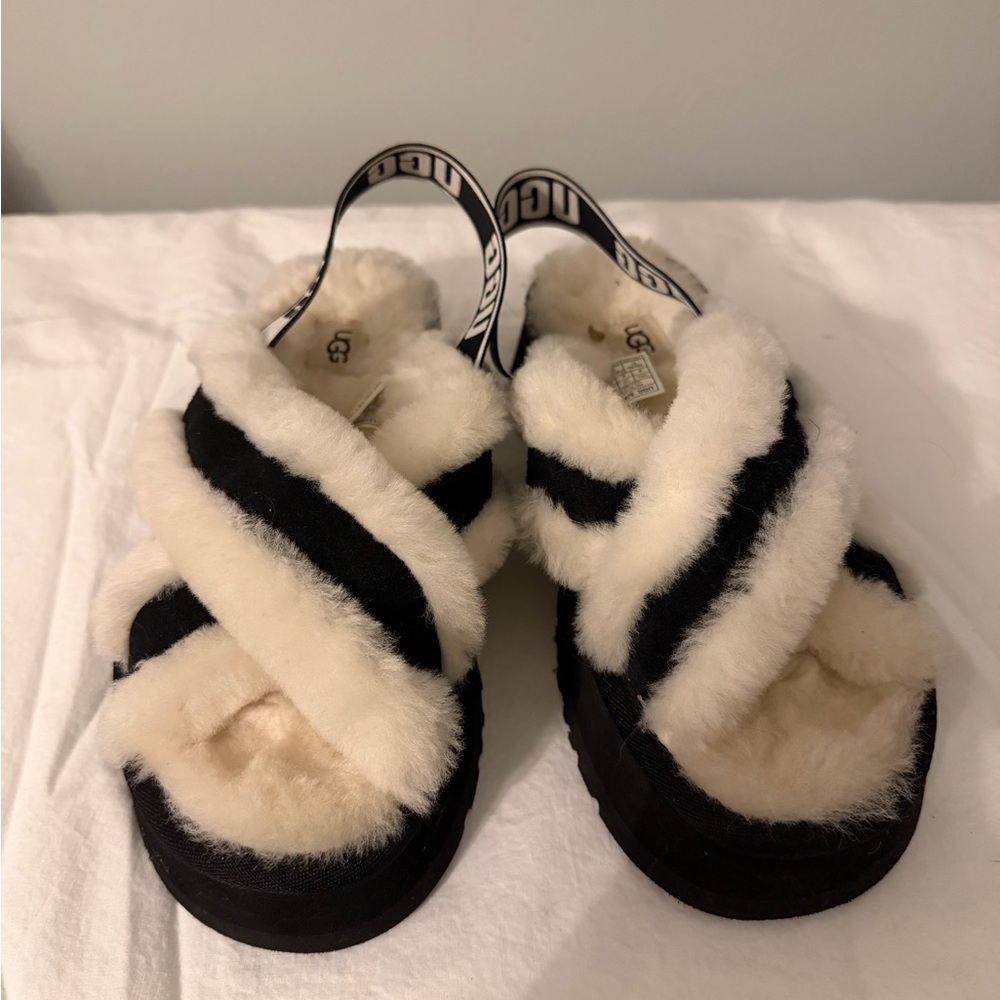 UGG Black and Cream Fluffy Slippers